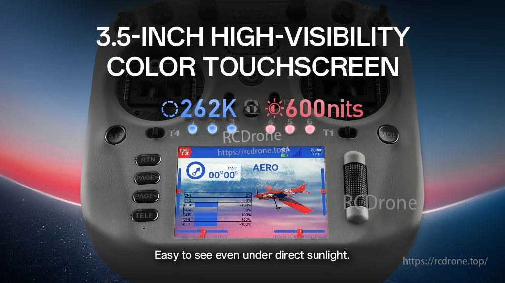 RadioMaster TX15 3.5-inch IPS color touchscreen with 262K colors and 600 nits brightness callout