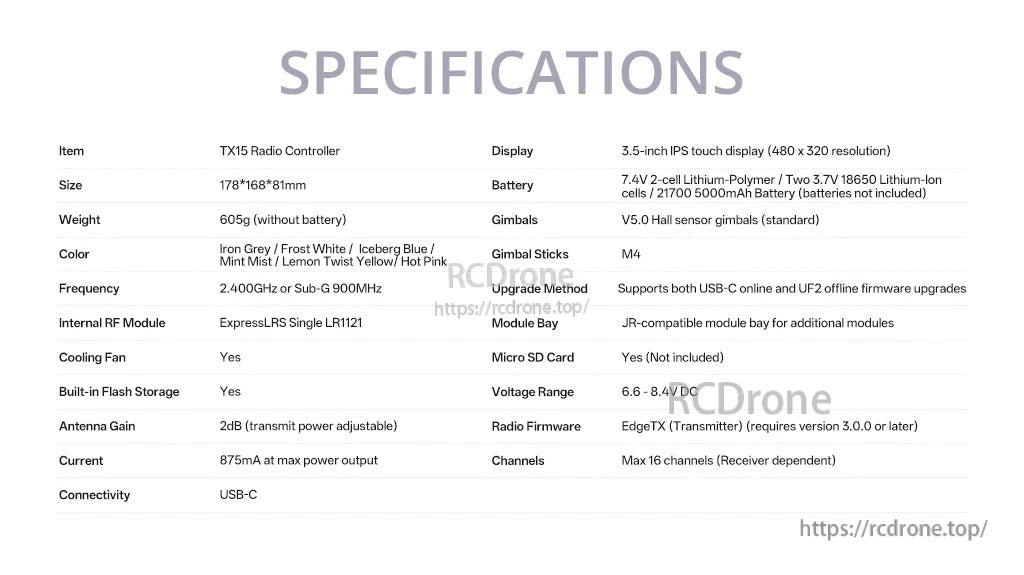 RadioMaster TX15 specifications table including size, weight, display, frequency, storage, and USB-C