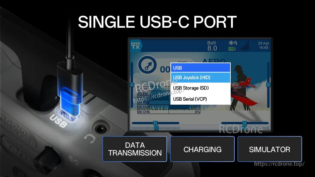 Single USB-C port graphic showing data transfer, charging, and simulator modes (HID/SD/VCP)