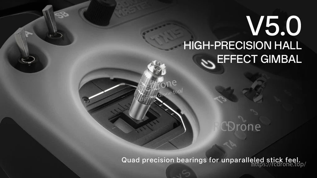 V5.0 hall-effect gimbal close-up on TX15 with quad precision bearing callout