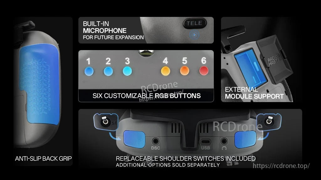 TX15 features collage: anti-slip back grip, built-in mic, six RGB buttons, JR module bay, replaceable switches