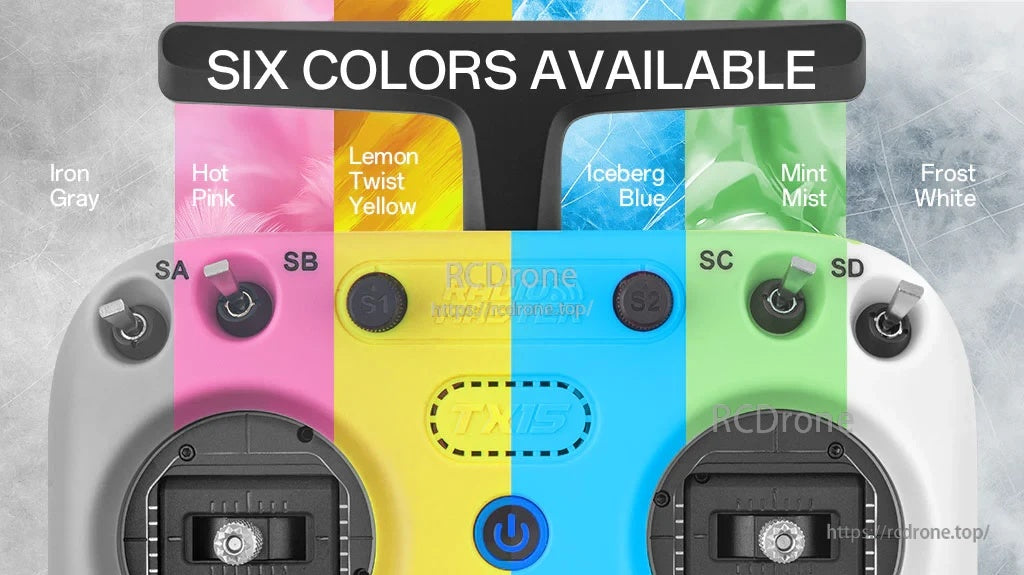 RadioMaster TX15 color options chart: Iron Grey, Hot Pink, Lemon Twist Yellow, Iceberg Blue, Mint Mist, Frost White