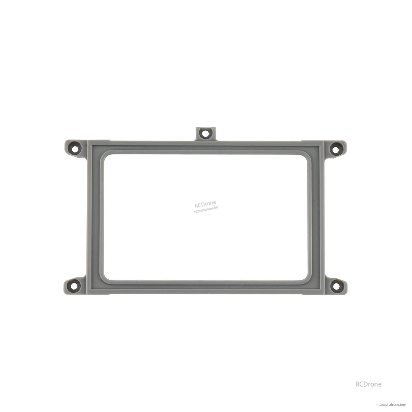 Gray radio screen mounting bracket frame with rectangular cutout, top-center tab and corner mounting holes