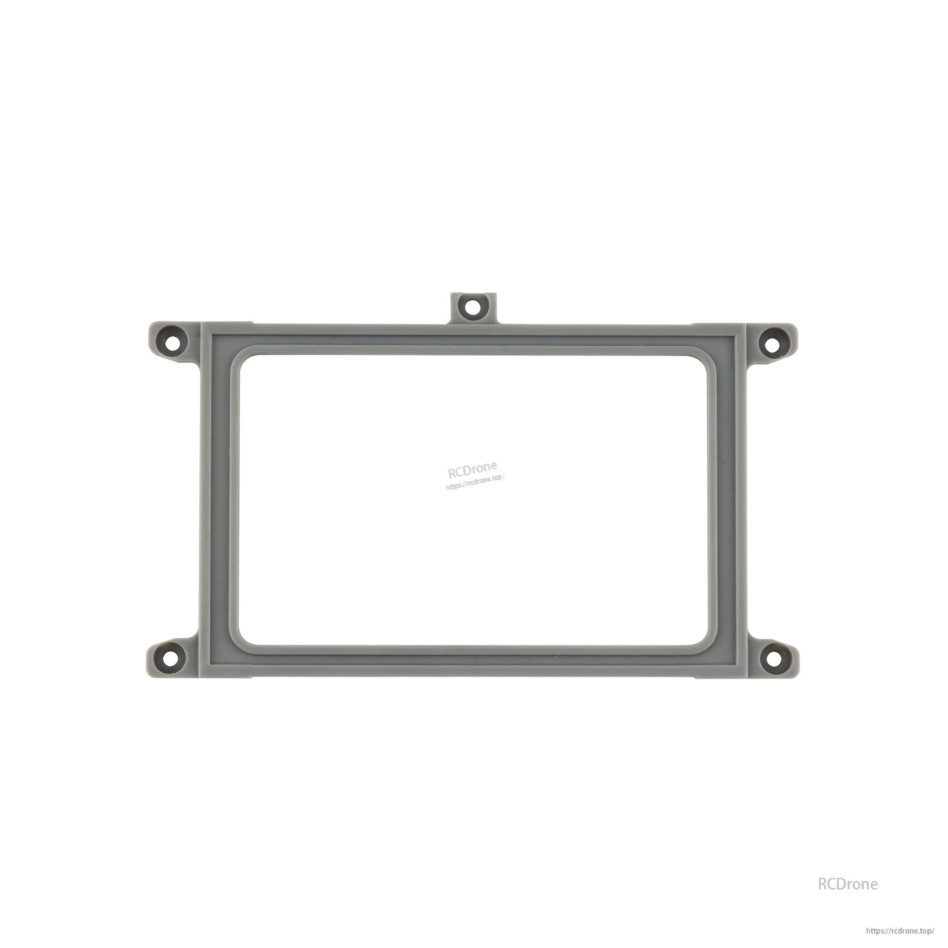 Gray radio screen mounting bracket frame with rectangular cutout, top-center tab and corner mounting holes