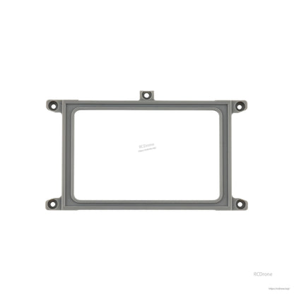 Gray radio screen mounting bracket frame with rectangular cutout, top-center tab and corner mounting holes