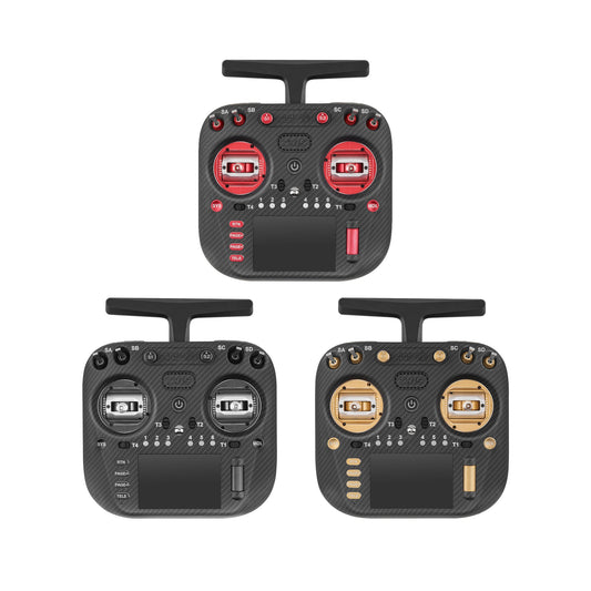 RadioMaster TX15 Max radio controller front view, shown in red, silver, and gold trim versions