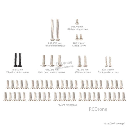 TX16S & TX16S MKII external/internal screw kit layout with labeled sizes and screw types