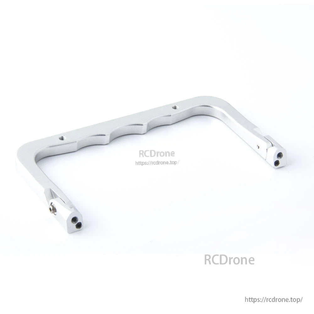 Silver CNC metal folding handle replacement for TX16S/MKII radio transmitter, angled view with screw holes