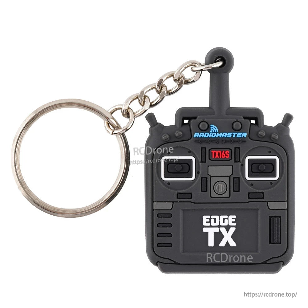 Front detail of RadioMaster Edge TX16S keychain showing button layout and logo with key ring attached