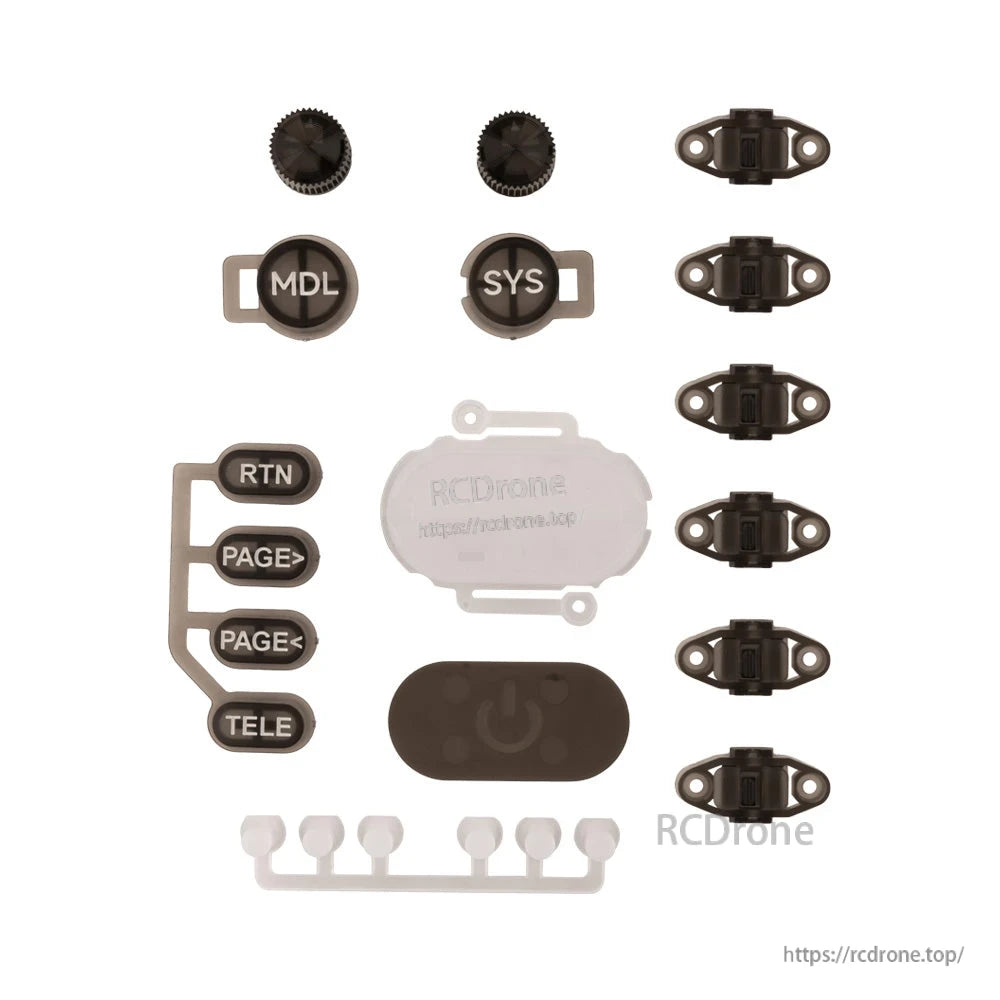 TX16S MK3 button set layout with RCDRone watermark and URL printed on the clear center plate