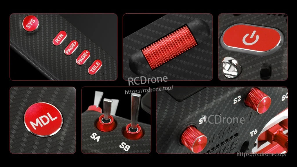 Close-up of installed red CNC aluminum switch caps and labeled buttons (SYS, RTN, PAGE, TELE, MDL) on TX16S MK3