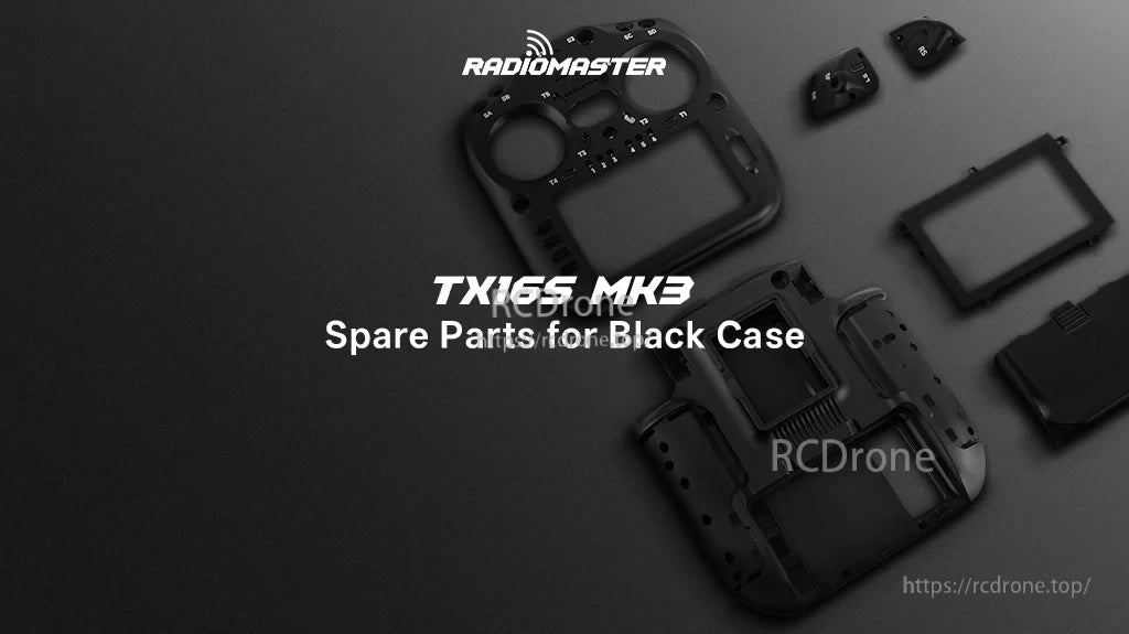 Radiomaster TX16S MK3 front and rear replacement case set (black), spare housing parts laid out