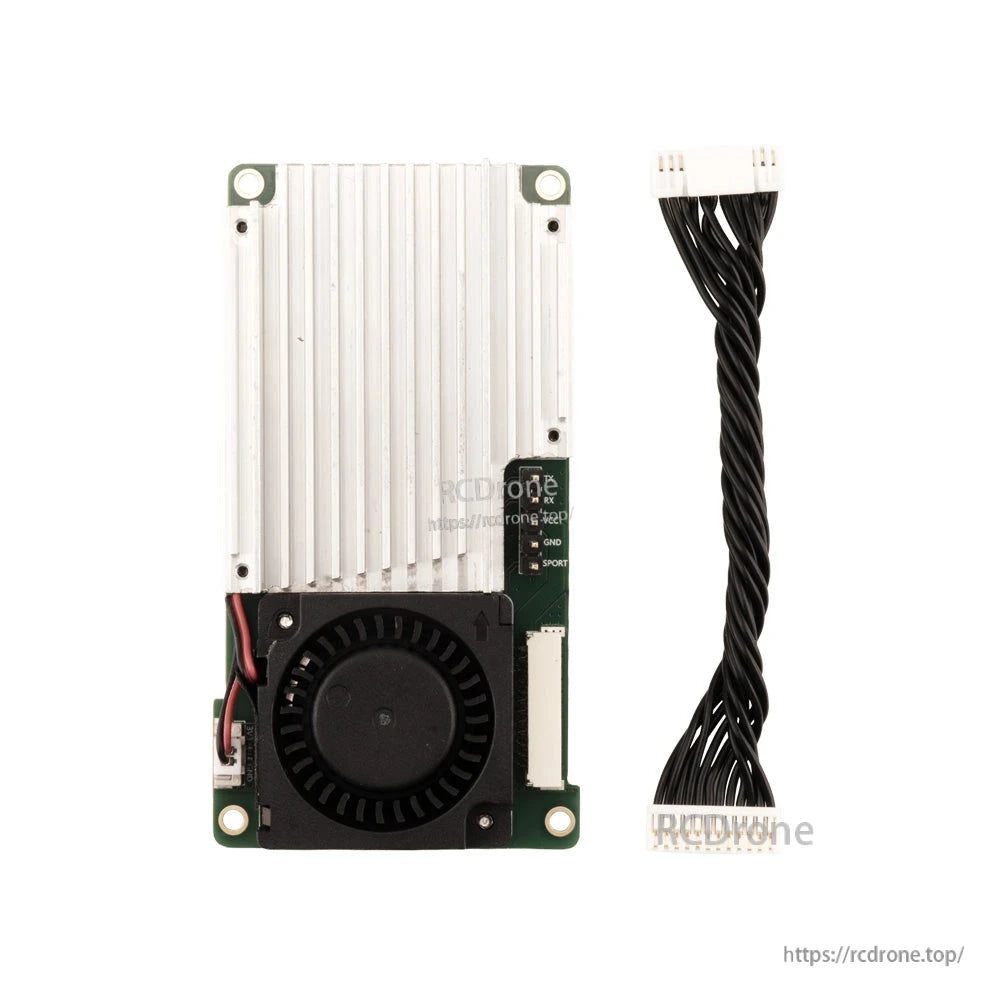 TX16S MK3 internal ELRS RF module with heatsink and cooling fan, plus wiring harness cable
