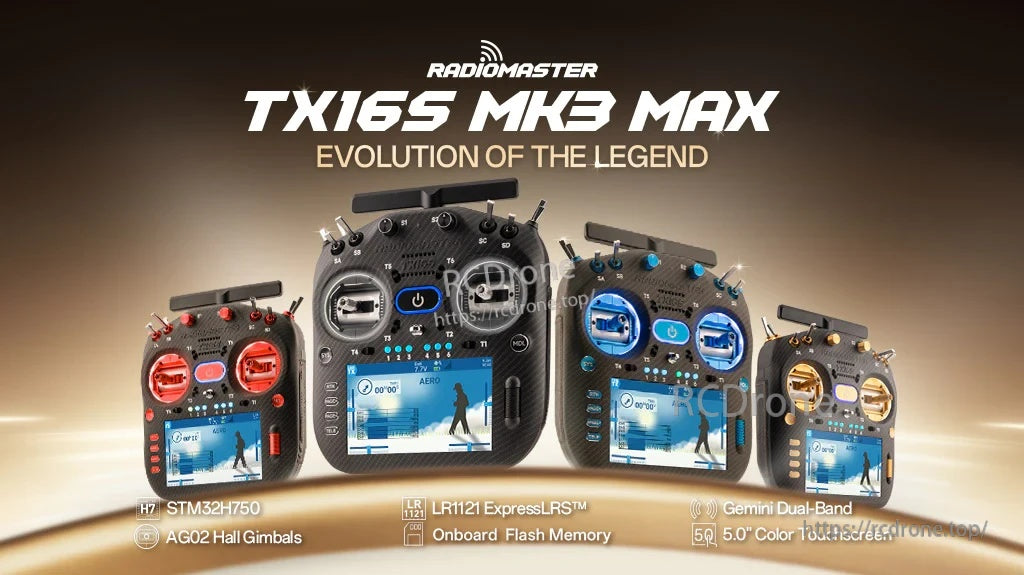 RadioMaster TX16S MK3 MAX EdgeTX radio controller with 5-inch touchscreen and Gemini dual-band ELRS