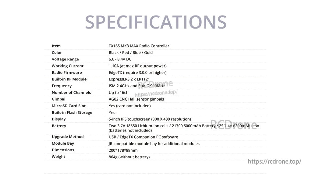TX16S MK3 MAX specifications table listing EdgeTX, ExpressLRS LR1121, 2.4GHz/Sub-G 900MHz, 5-inch IPS and power