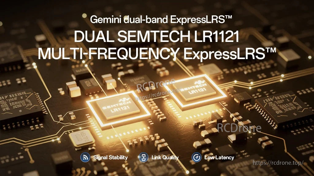 Gemini dual-band ExpressLRS graphic with dual Semtech LR1121 chips for multi-frequency operation