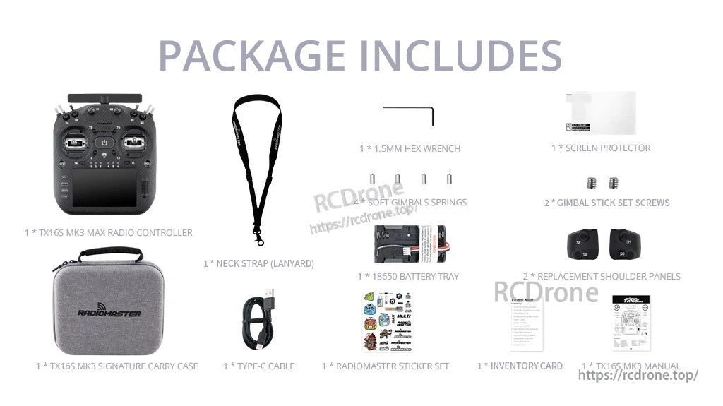 Package contents for TX16S MK3 MAX: radio, carry case, lanyard, USB-C cable, tools, springs, protector and extras