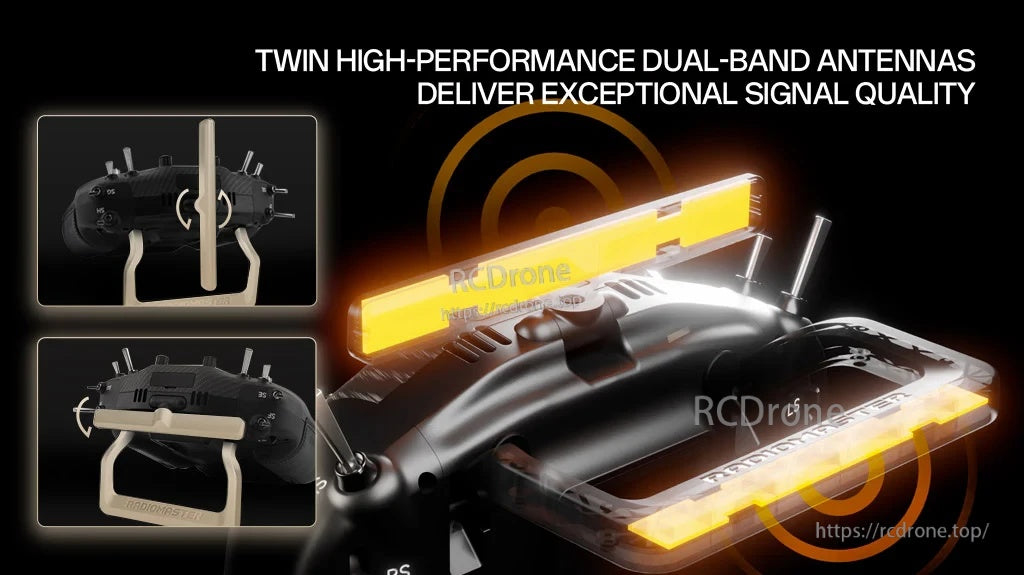 Twin foldable dual-band antennas highlighted on the TX16S MK3 MAX for improved signal quality
