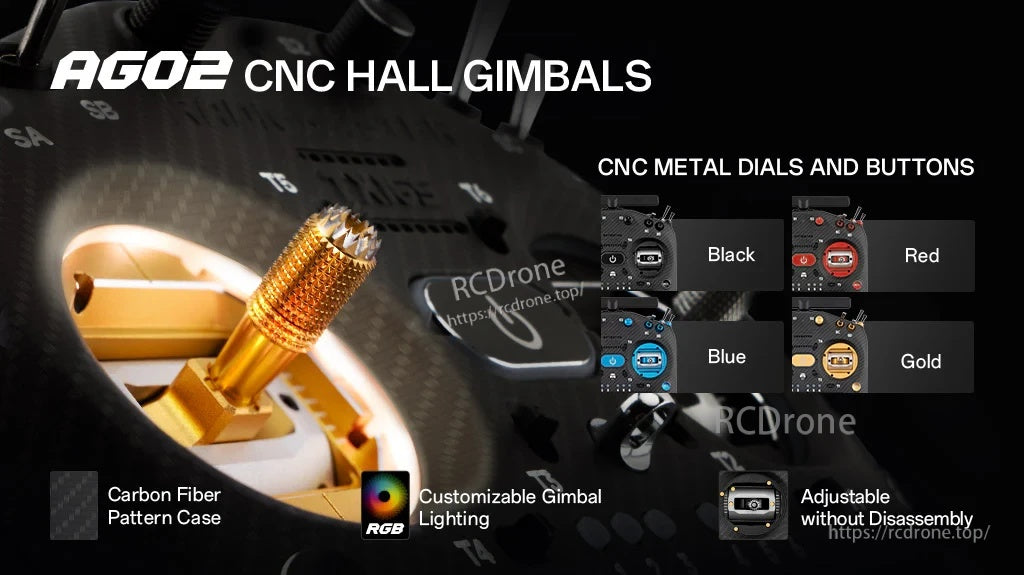 AG02 CNC Hall gimbals close-up with CNC metal dials, carbon-fiber pattern case, and RGB lighting callouts