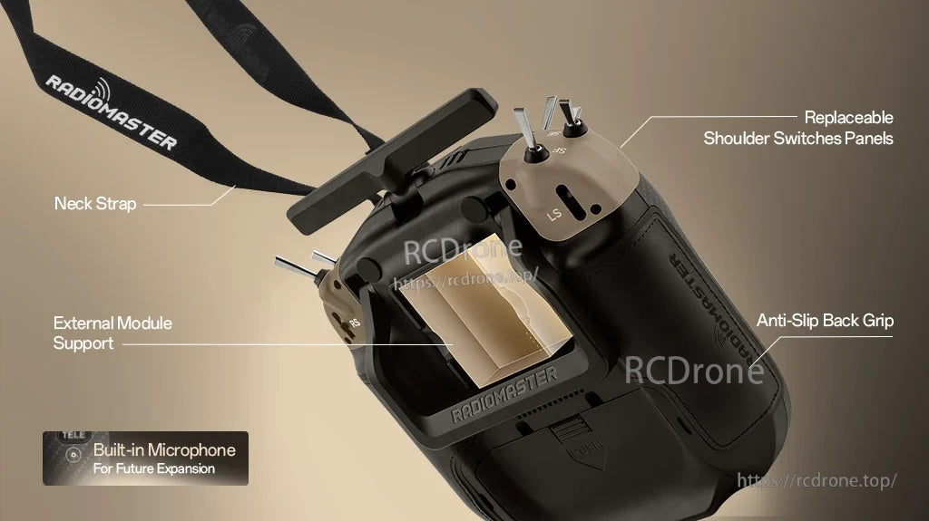 Rear view showing JR module bay support, neck strap, anti-slip back grip, and replaceable shoulder switch panels