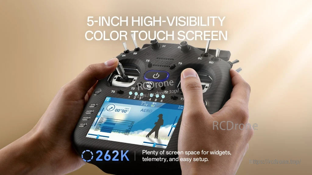 TX16S MK3 MAX in hands using the 5-inch high-visibility color touchscreen for setup and widgets