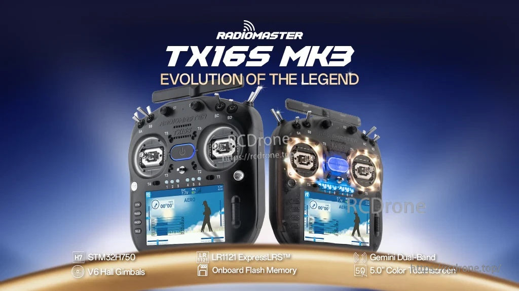 RadioMaster TX16S MK3 RC radio controller with 5-inch touchscreen and dual-band ExpressLRS (2.4G/900M)