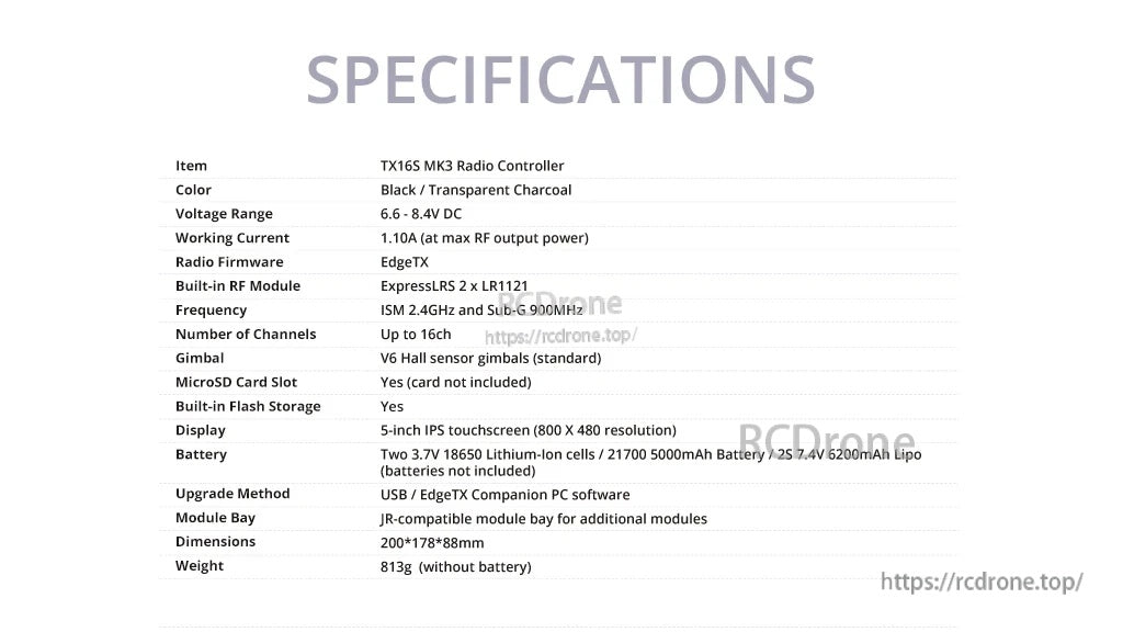 TX16S MK3 specifications table listing EdgeTX firmware, ExpressLRS RF, channels, display, and dimensions