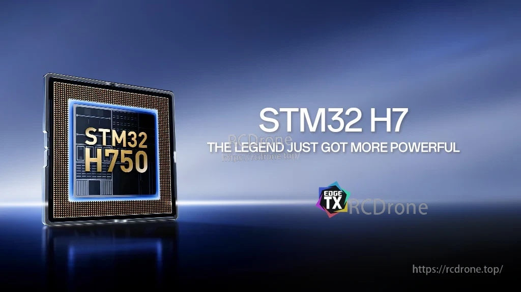 STM32H750 (STM32 H7) processor graphic highlighting the TX16S MK3 radio controller MCU upgrade