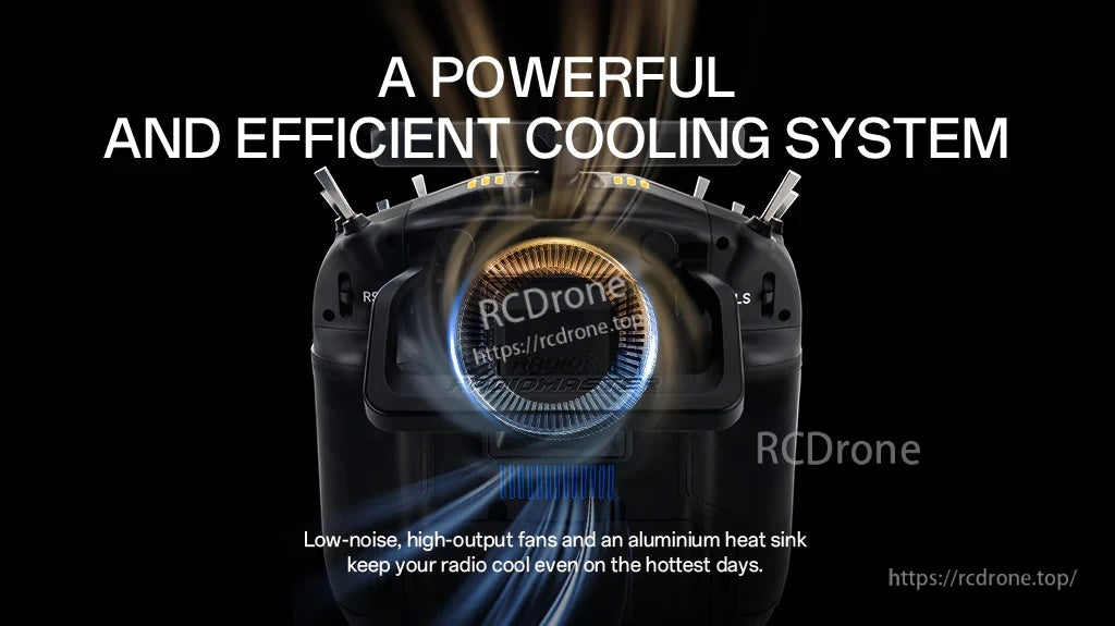 RadioMaster TX16S MK3 cooling system view with internal fan airflow and aluminium heat sink concept