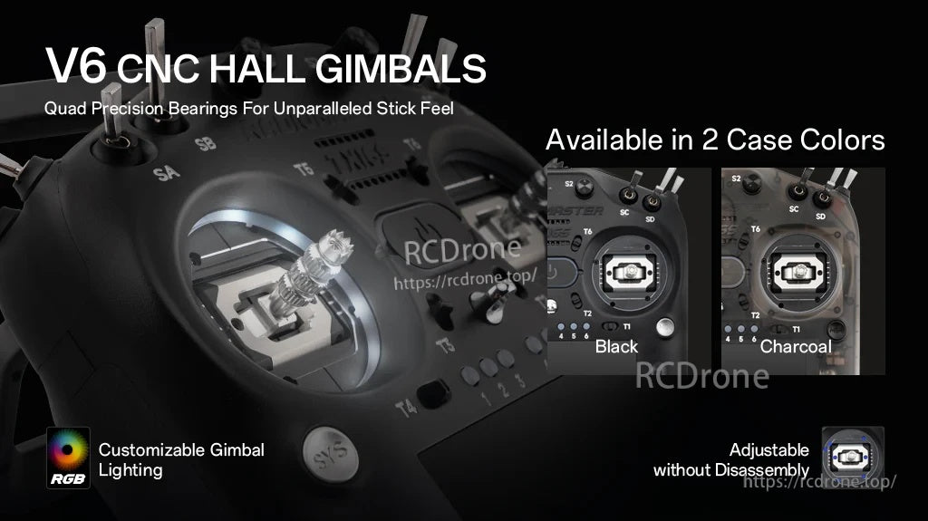 V6 CNC Hall gimbals close-up with RGB gimbal lighting and adjustable tension on TX16S MK3