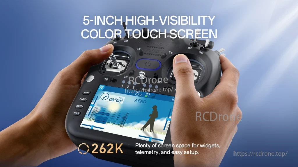 Hands holding RadioMaster TX16S MK3 showing the 5-inch high-visibility color IPS touchscreen interface