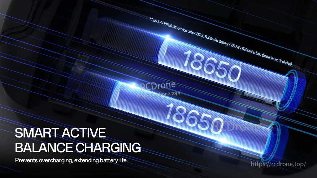 Smart active balance charging illustration for dual 18650 batteries in the TX16S MK3 radio controller