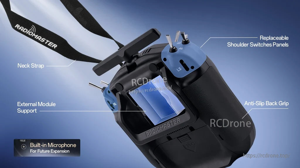 TX16S MK3 rear view showing replaceable shoulder switch panels, neck strap, external module bay, and grip texture
