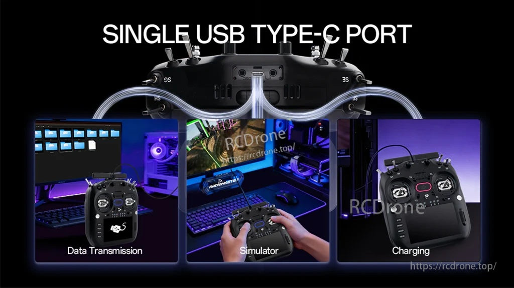 Single USB Type-C port on TX16S MK3 for data transfer, simulator use, and charging