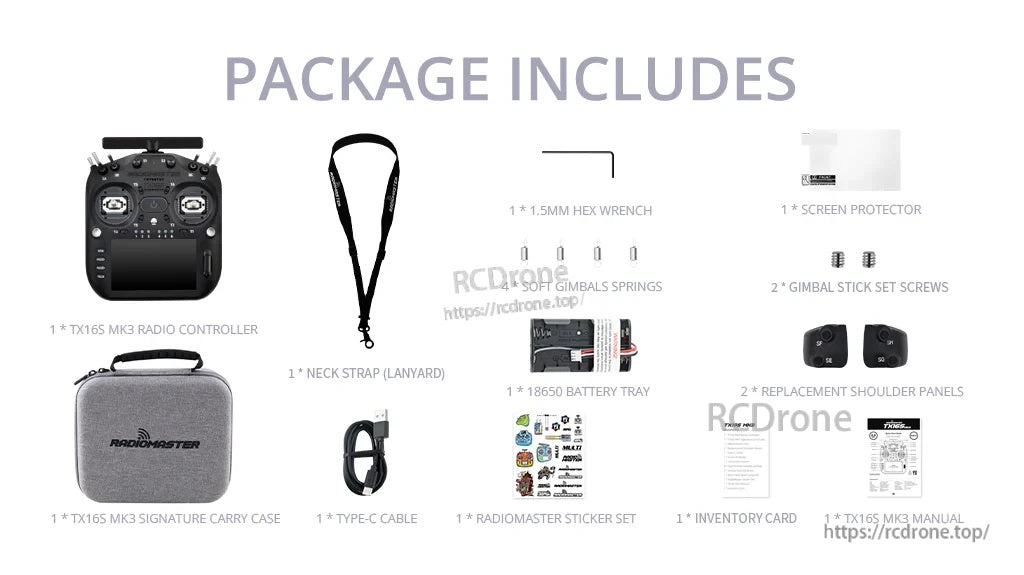 RadioMaster TX16S MK3 package contents including carry case, USB-C cable, battery tray, panels, tools, and accessories