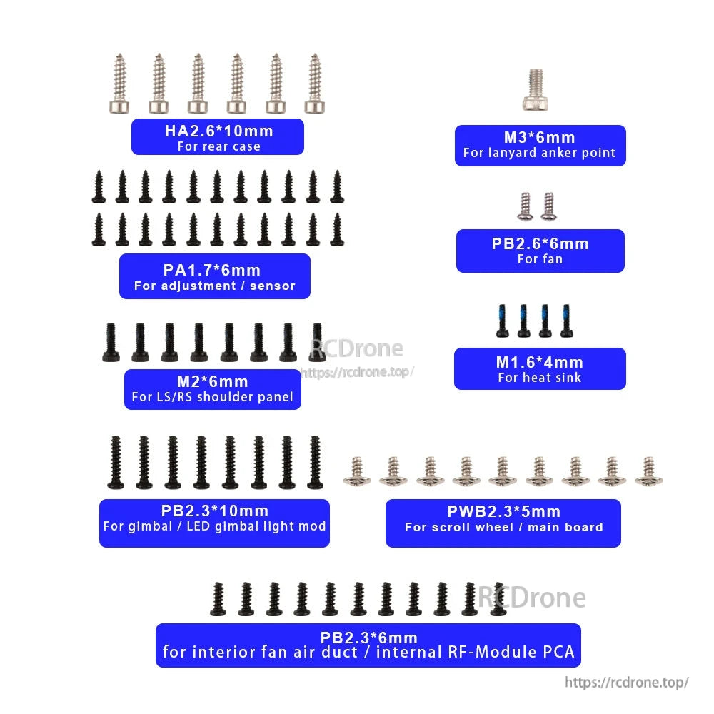 TX16S MK3 screw set contents chart with labeled screw sizes (M1.6, M2, M3, PA/PB/PWB)
