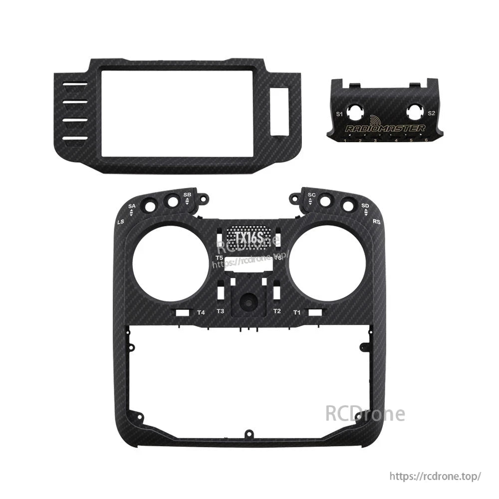 TX16S MKII carbon fiber faceplate set laid out, front panel frame plus trim pieces