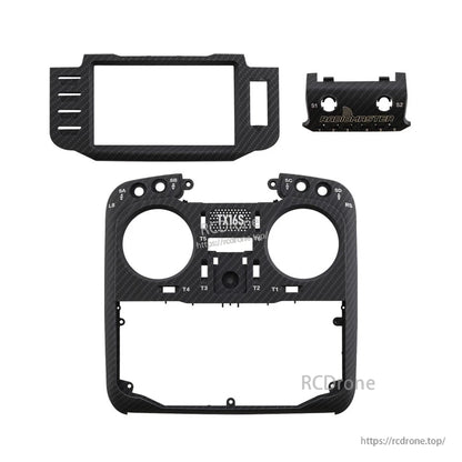 TX16S MKII carbon fiber faceplate set laid out, front panel frame plus trim pieces