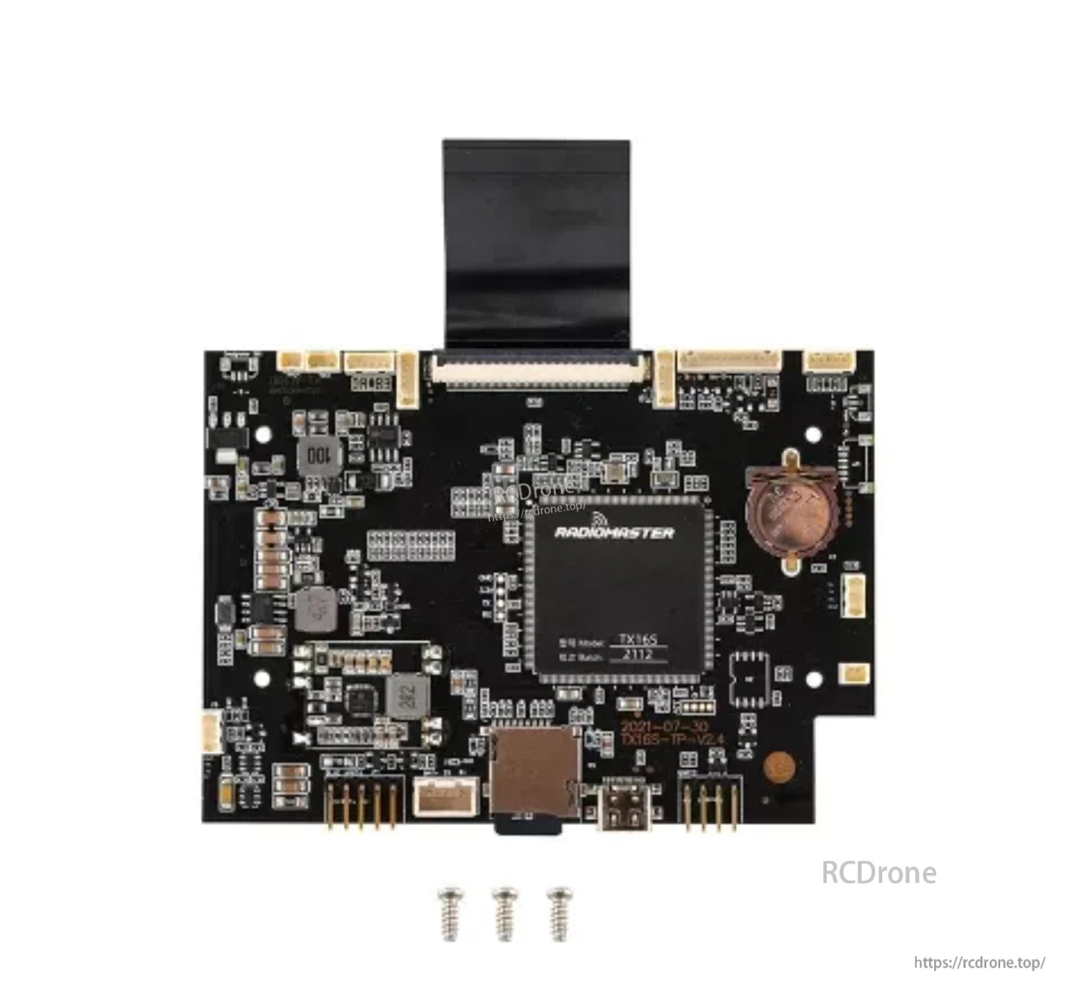 TX16S MKII replacement mainboard PCB for RC radio transmitter, shown with ribbon cable and screws