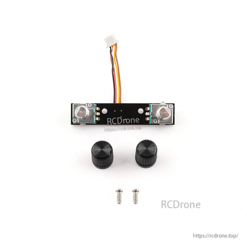 TX16S MKII S1/S2 PCB with RCDrone branding, cable connector, two knob caps and two screws