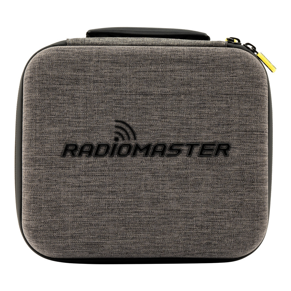 Front view of grey RadioMaster transmitter carry case with top handle and dual zipper pulls