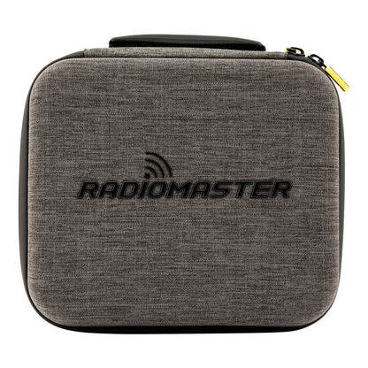 Front view of grey RadioMaster transmitter carry case with top handle and dual zipper pulls