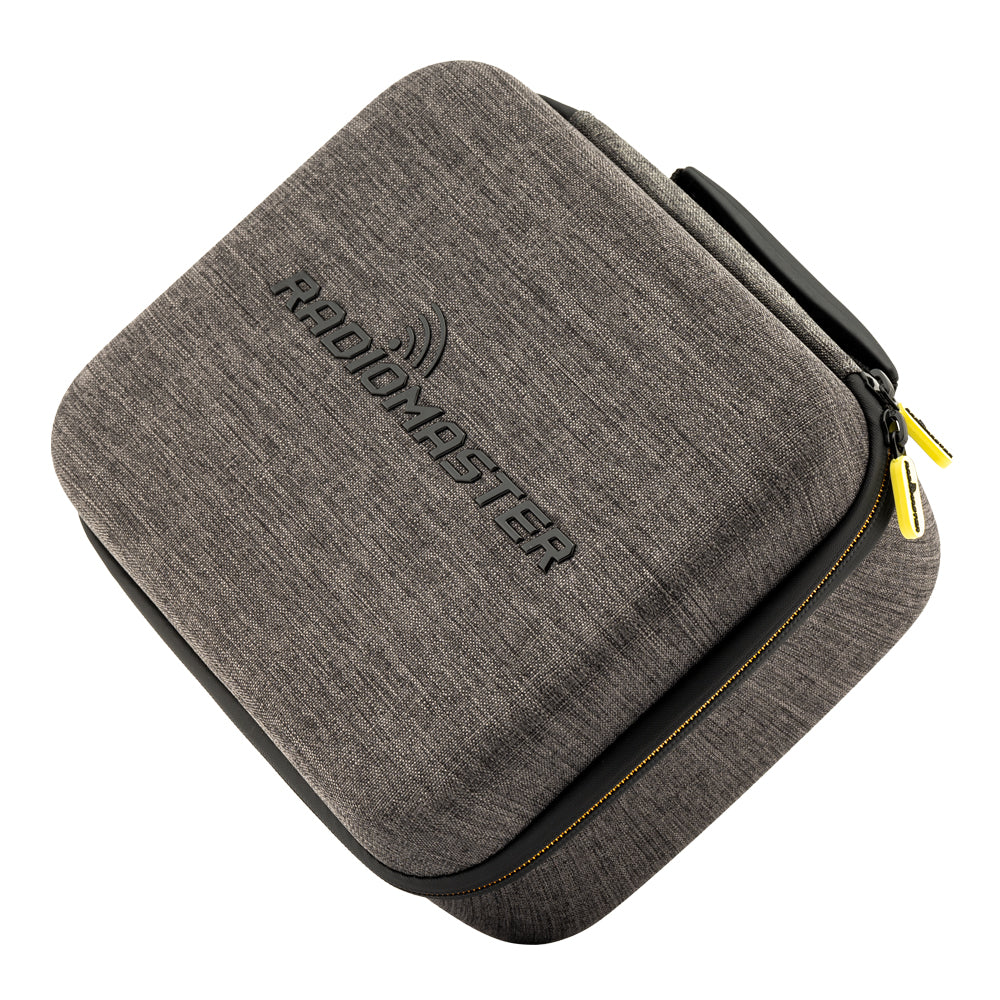 RadioMaster TX16S radio carry case, grey fabric hard shell with embroidered logo