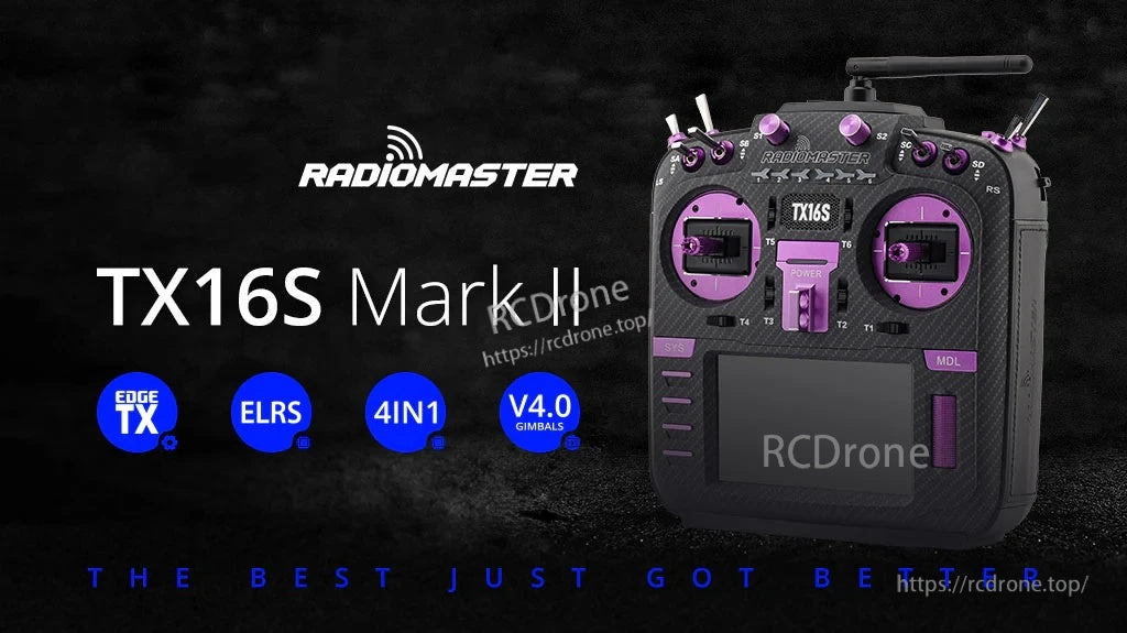 RadioMaster TX16S Mark II Max Joshua Bardwell Edition ELRS M2 radio with carbon faceplate and purple CNC trims