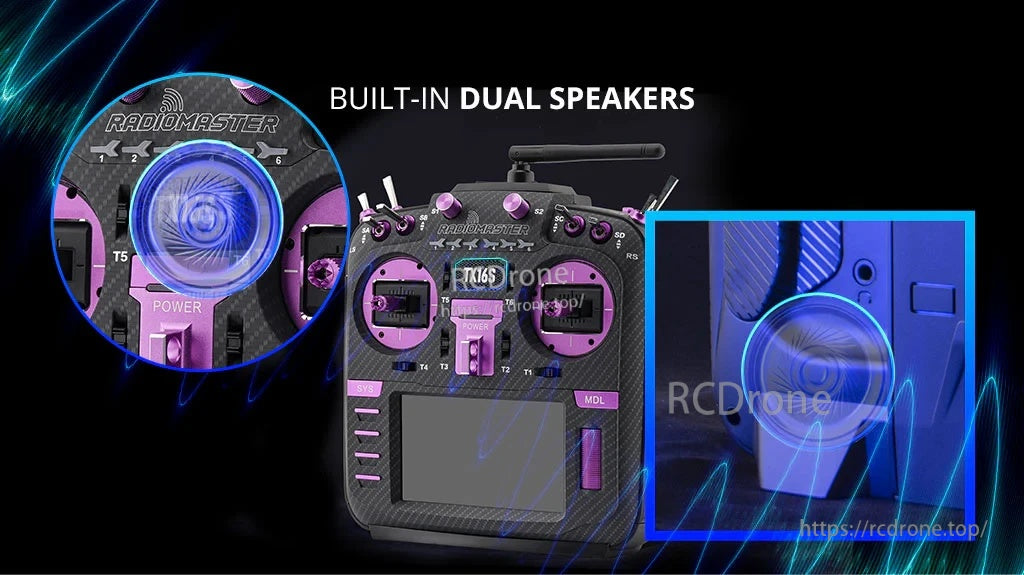 TX16S Mark II Max controller highlighting built-in dual speakers with close-up speaker detail
