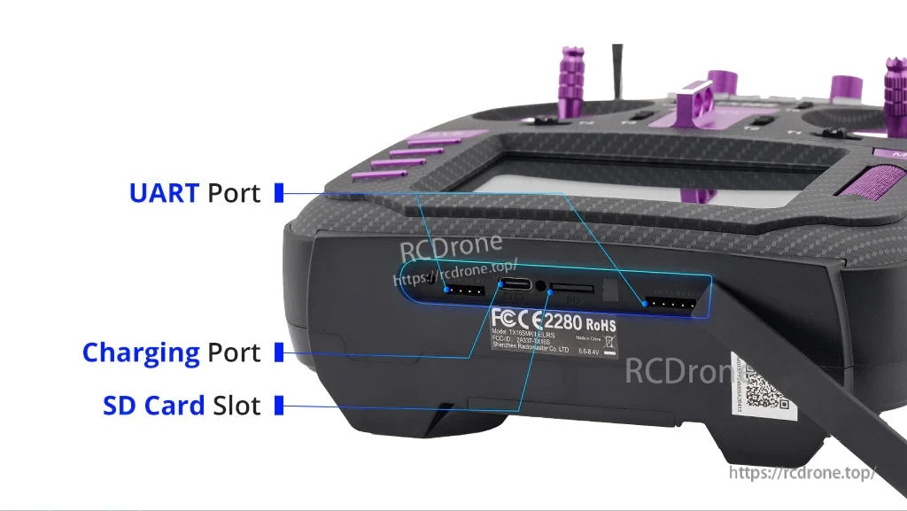 Bottom ports on TX16S Mark II Max showing UART port, USB-C charging port, and SD card slot
