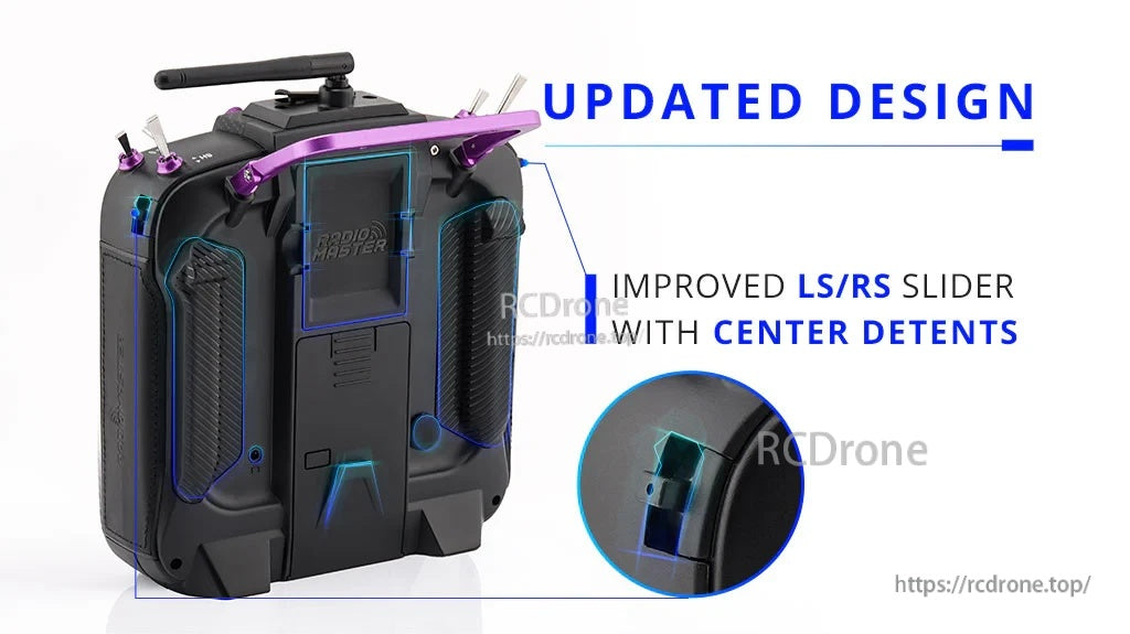 Rear housing detail showing updated LS/RS sliders on TX16S Mark II Max with center detents