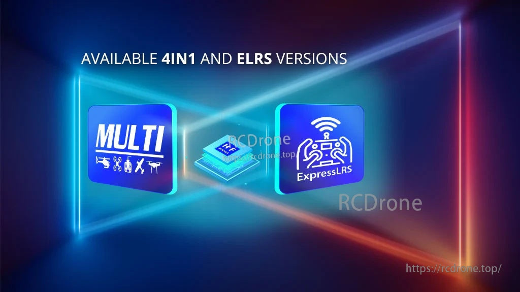Graphic highlighting TX16S Mark II Max availability in 4-in-1 multiprotocol or ExpressLRS versions