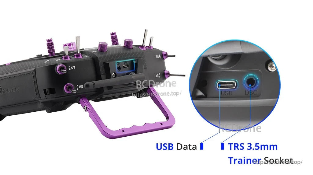 Top-edge ports on TX16S Mark II Max showing USB data port and 3.5mm TRS trainer socket