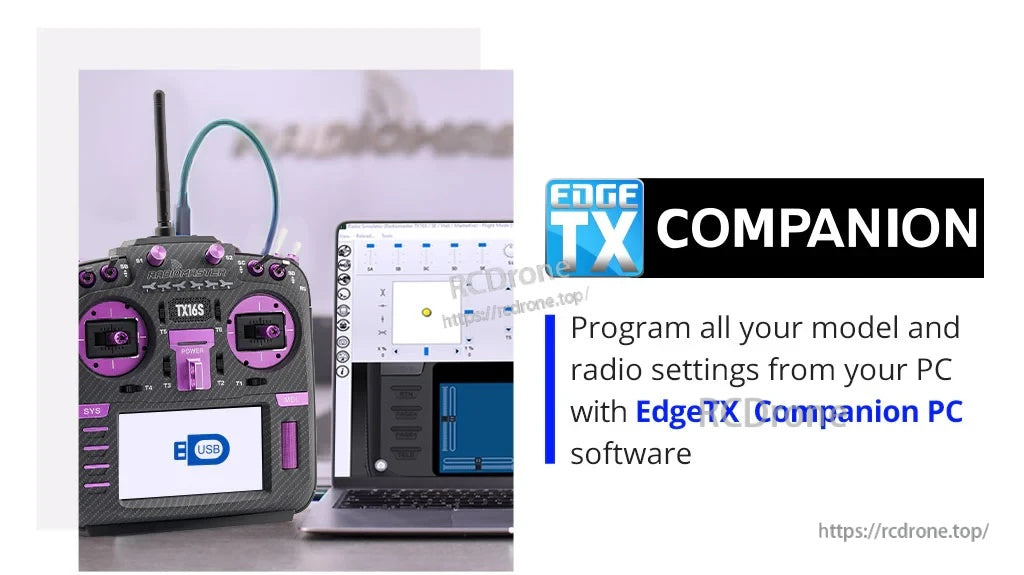 EdgeTX Companion PC support graphic with TX16S Mark II Max connected for programming model settings